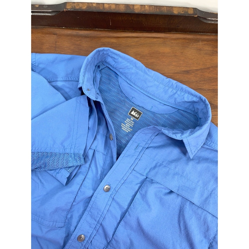 REI Short Sleeve Shirt Vented Stretch Hiking Camping Fishing Blue Mens Med